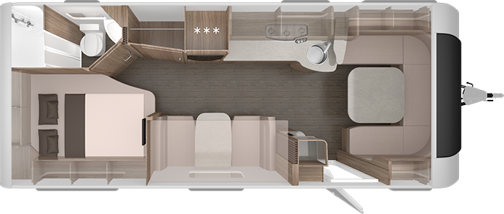 Planlösning för husvagnen. Den har dubbelsäng bak, dinett och kök i mitten och en stor u-formad soffa längst fram.