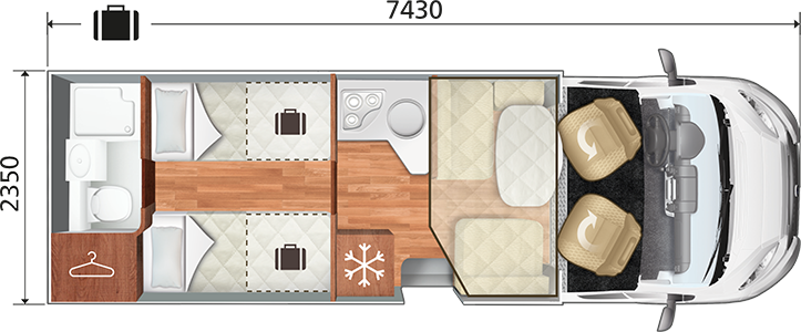 Bild av planlösningen för en husbil, visad uppifrån. Längst fram finns förarstolar, sedan en sittgrupp och en fällbar säng. Därefter ett kök, två långbäddar och längst bak ett badrum.