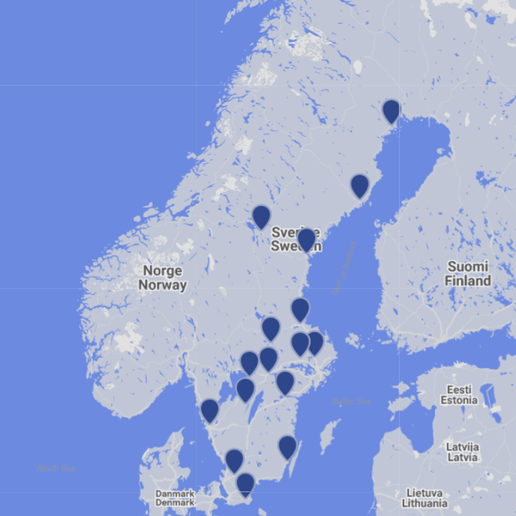 Kartvy över Sverige. Små prickar markerar vart i landet det finns återförsäljare.