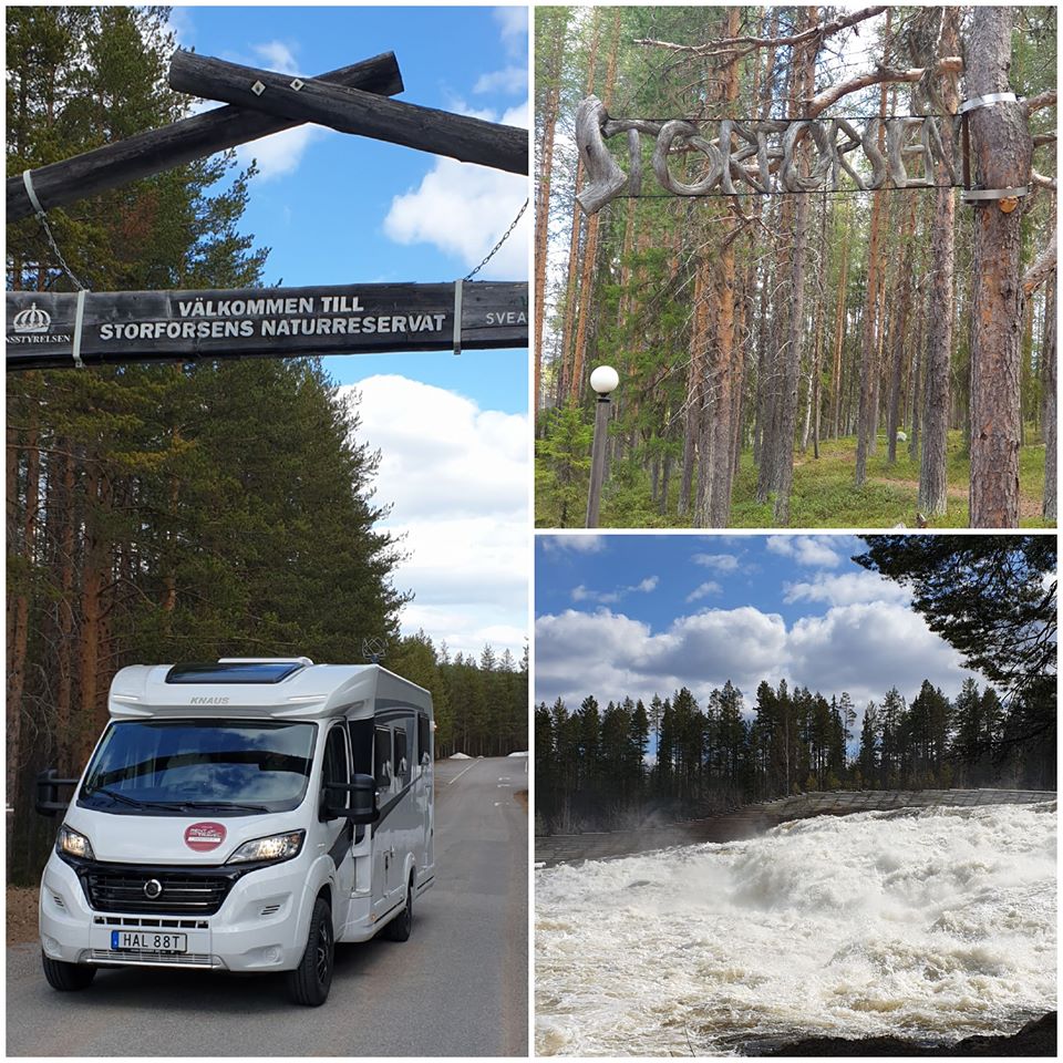 Ett kollage av tre bilder, envisar en vit husbil ståendes under skylten "Välkommen till Storsjöforsens naturreservat", en visar träd och en visar forsande vatten i förgrunden och skog i bakgrunden